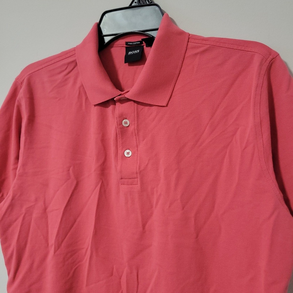 BOSS Hugo Boss Polo Shirt Mens L Coral Pink Pima Cotton Short Sleeve Casual